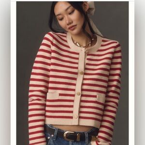 ANTHROPOLOGIE- NVLT Red striped cardigan with gold button details.  It a must!